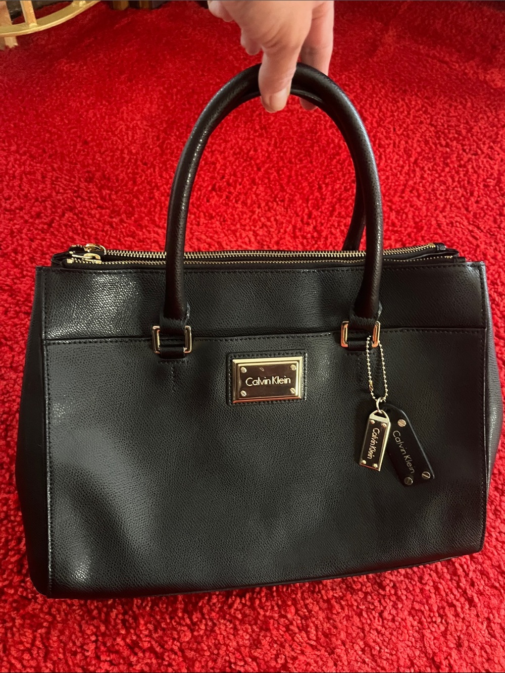 Calvin Klein Black Leather Top-Handle Satchel with Gold Hardware